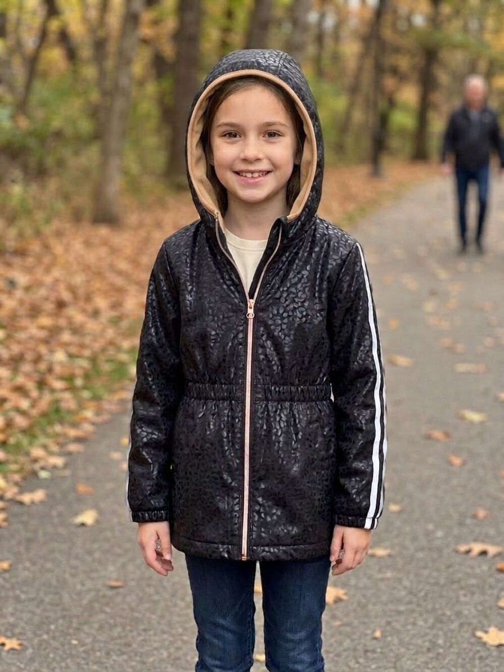 NWOT Penelope Mack Girls Hooded Puffer Jacket, Size 10, Black/Pink Animal Print
